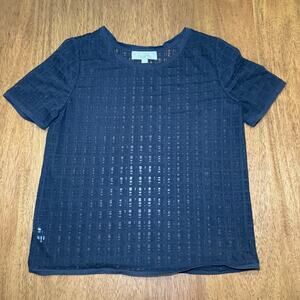 LOFT Womens M Black Semi Sheer Burnout Grid Short Sleeve Blouse Top Textured